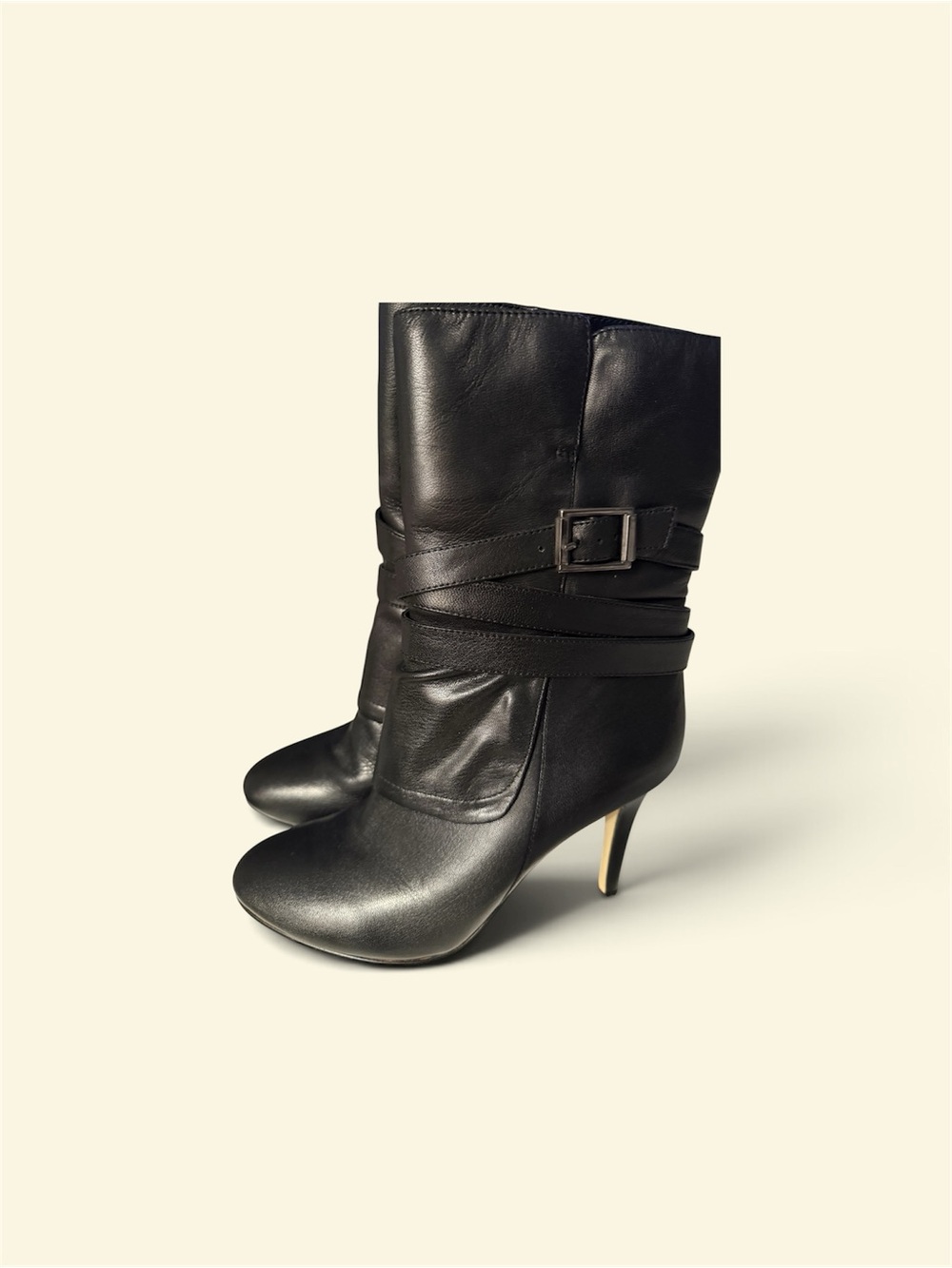 Michaels Black Leather Mid-Calf Stiletto Boots with Wrap Buckle